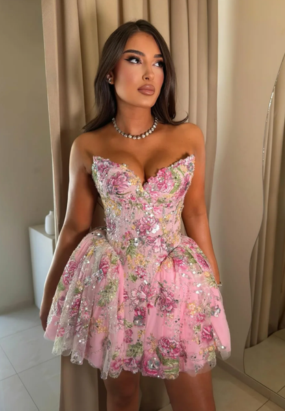 Sweety Pink A Line Strapless Floral Sequin Tulle Short Prom Dress Homecoming Dress DP6950