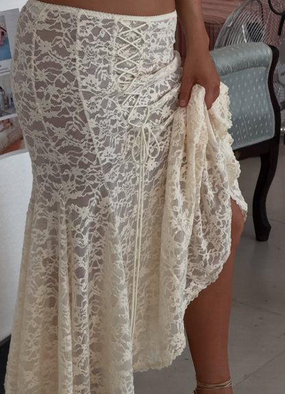 Two Piece Mermaid Spaghetti Strap Ivory Lace Prom Dress Evening Dress DP7823