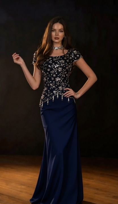 Shiny Beaded A Line Black Satin Prom Dress Evening Dress DP7165