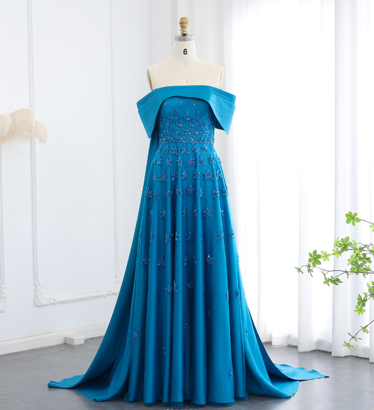 Elegant A Line Off the Shoulder Beaded Blue Satin Prom Dress Evening Dress DP1905