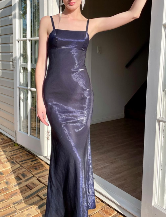 Simple Sheath Spaghetti Strap Navy Blue Satin Long Prom Dress Graduation Prom Dress DP2203