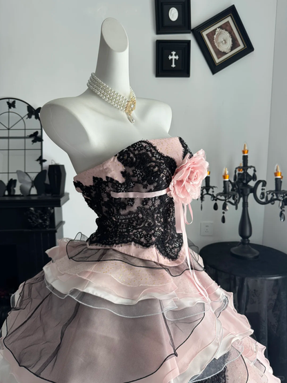 Black-pink Ball Gown Strapless Layered Organza Prom Dress Quinceanera Dress DP6969