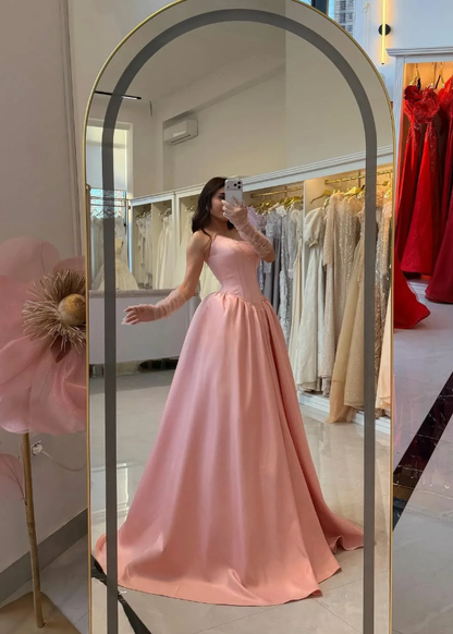 Sweety Pink A Line Strapless Corset Beaded Satin Long Prom Dress Evening Dress DP6944