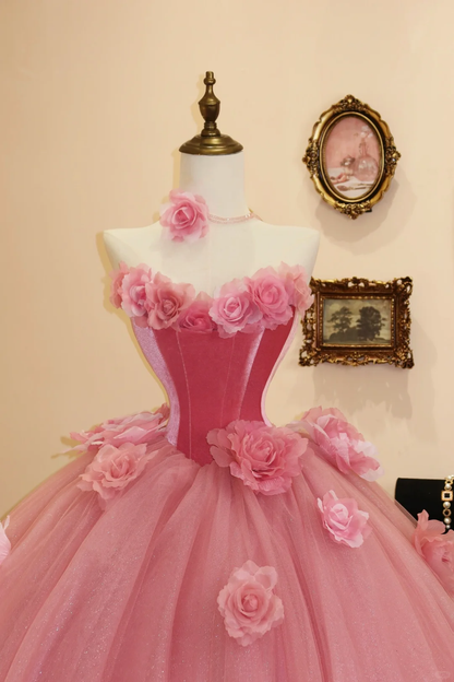 Floral A Line Sweetheart Neck Pink Velvet Tulle Prom Dress Evening Dress DP2813