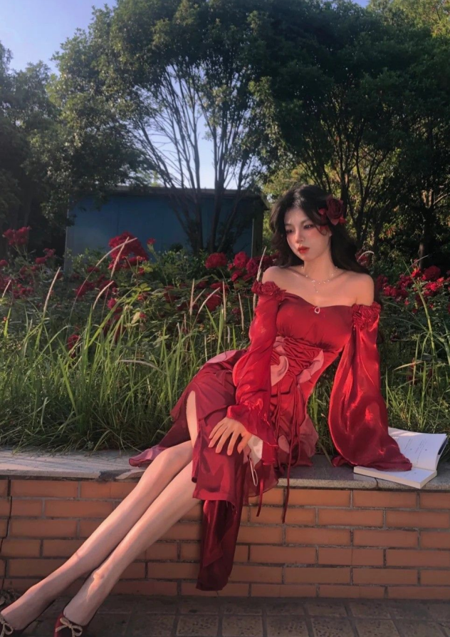 Sexy Burgundy A Line Long Sleeve Ruffle Satin Prom Dress DP4161