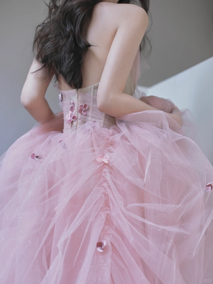 Elegant A Line Strapless Pink Flower Tulle Long Party Dress Evening Dress DP2549