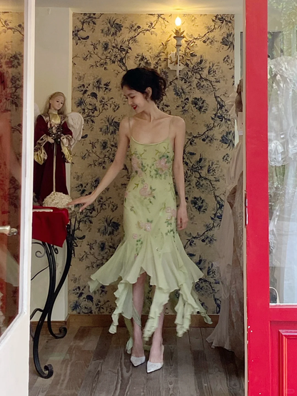 Vintage Mermaid Spaghetti Strap Floral Beaded Ruffle Chiffon Prom Dress Party Dress DP3707