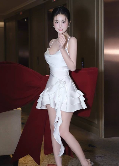 Simple White A Line Spaghetti Straps Satin Short Homecoming Dress DP4399