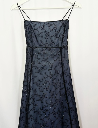 Vintage Exquisite Black Beaded A Line Spaghetti Strap Satin Prom Dress Evening Dress Date Dress DP3038