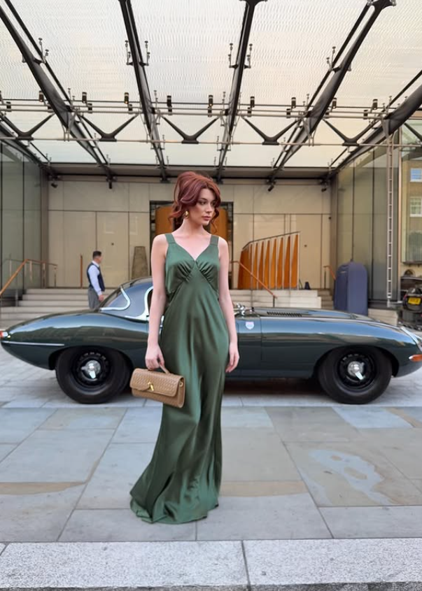 Simple Green A Line V Neck Satin Long Prom Dress Wedding Guest Dress DP4318