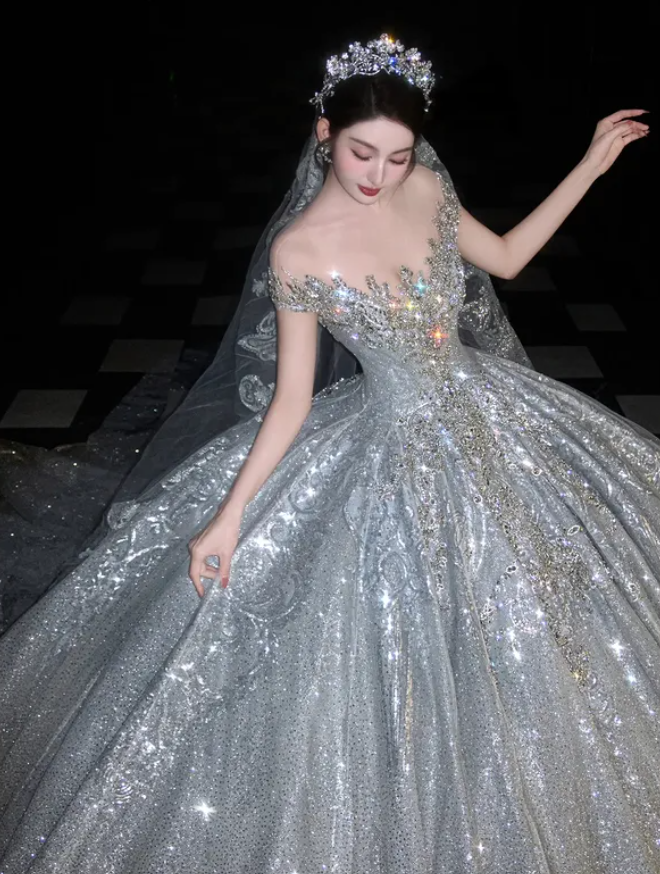 Shiny Ball Gown Off the Shoulder Beaded Silver Sequin Long Prom Dress Wedding Dress DP4644