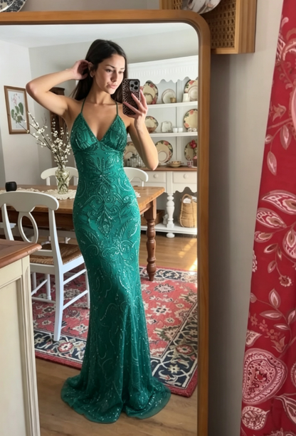 Green Sheath Spaghetti Strap Exquisite Beaded Tulle Prom Dress Graduation Prom Dress DP6660