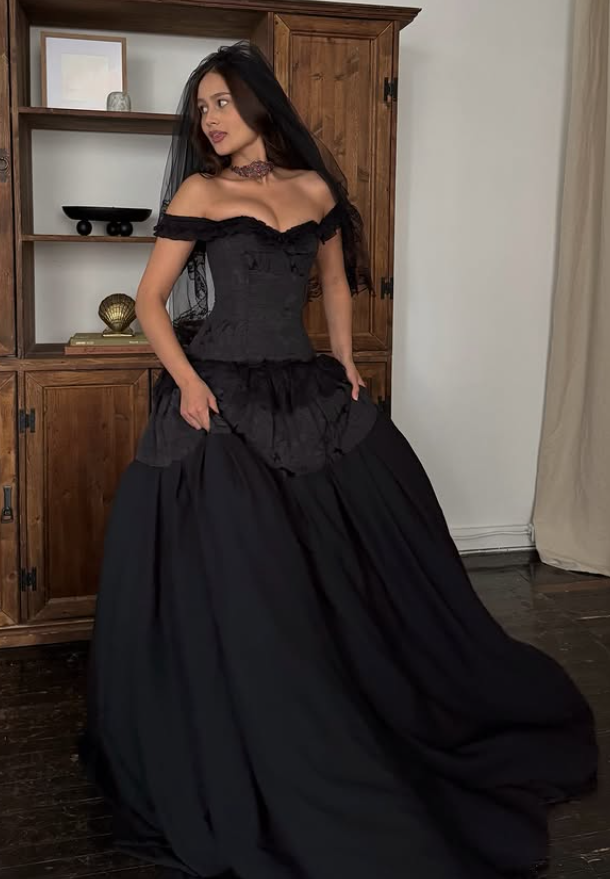 Black Ball Gown Off the Shoulder Satin Lace Prom Dress 16th Birthday Dress DP4281