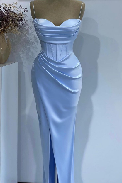 Blue Spaghetti Straps Sweetheart Slit Sheath Long Prom Dress DP701