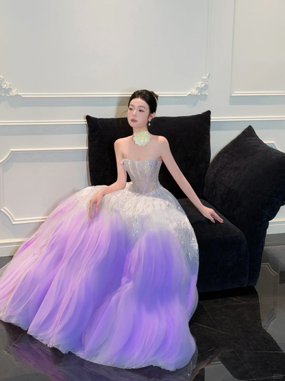Stunning Ball Strapless Sequin Purple Tulle Long Prom Dress Party Dress DP4291