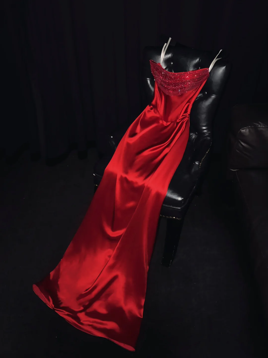 Burgundy A Line Strapless Sequin Satin Long Prom Dress Graduation Prom Dress DP1965