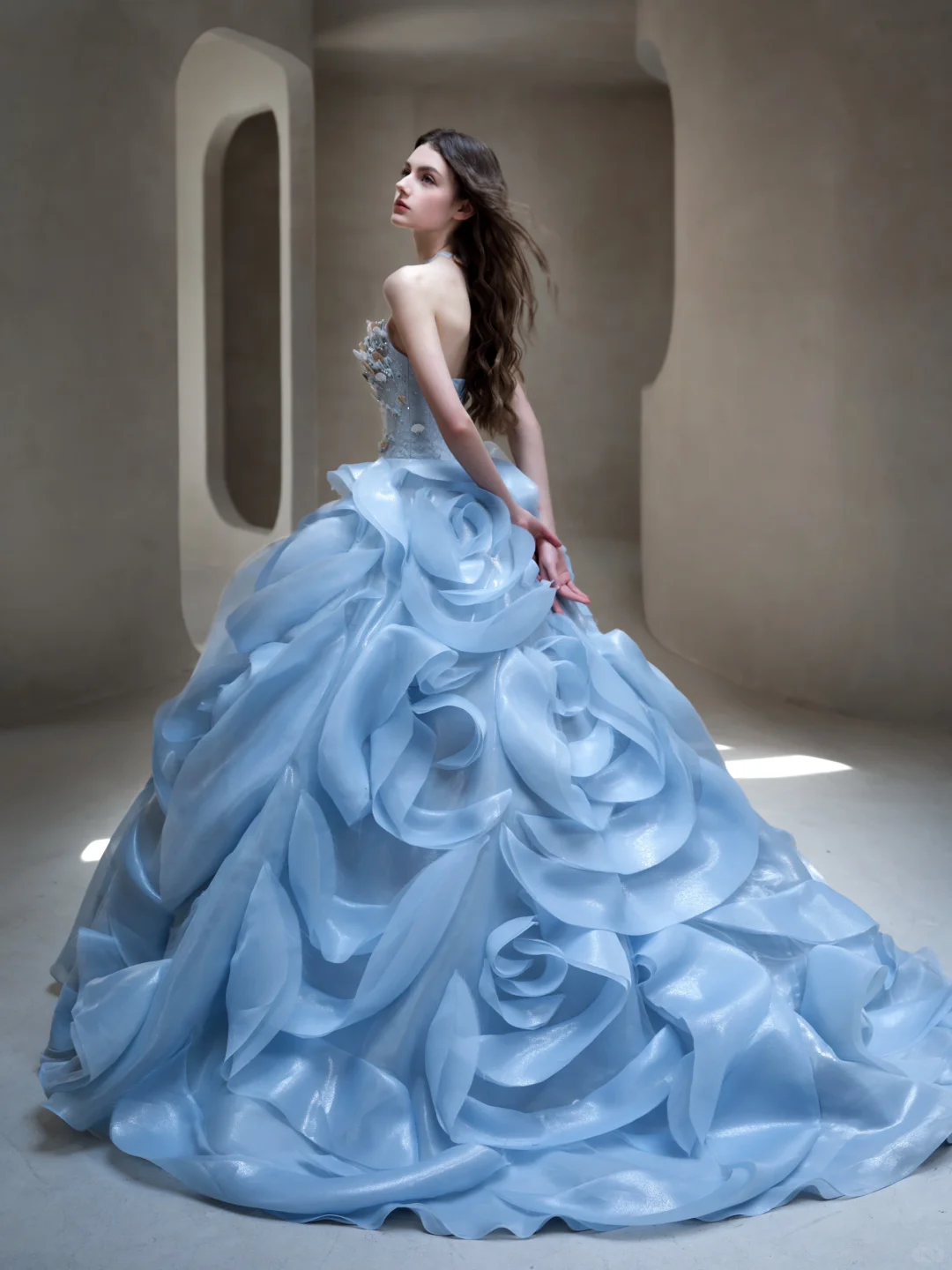 Exquisite Blue Floral Ball Gown Strapless Beaded Organza Long Prom Dress Evening Dress Formal Gown DP3435