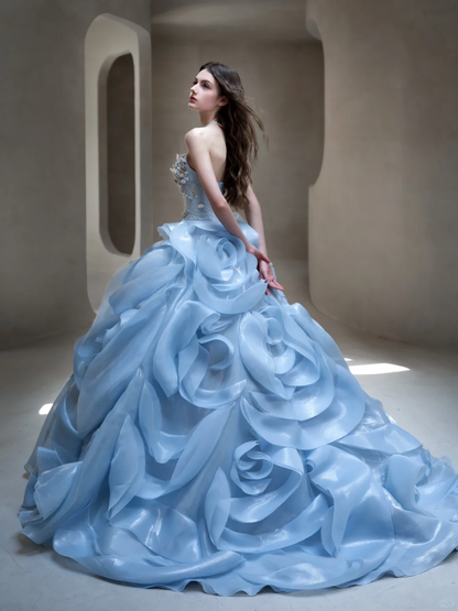 Exquisite Blue Floral Ball Gown Strapless Beaded Organza Long Prom Dress Evening Dress Formal Gown DP3435