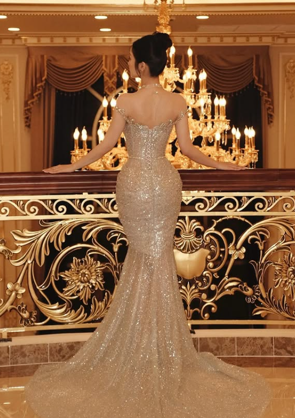 Shiny Mermaid Straps Exquisite Champagne Sequin Long Sweep Prom Dress DP4387