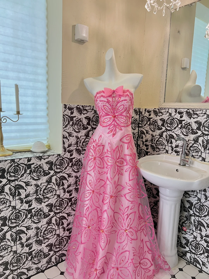 Barbie Pink A Line Strapless Exquisite Beaded Sequin Tulle Long Prom Dress Formal Dress DP3329