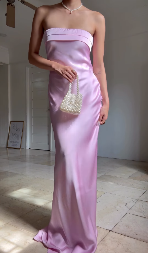 Sweety Sheath Strapless Pink Satin Open Back Long Graduation Prom Dress DP4878