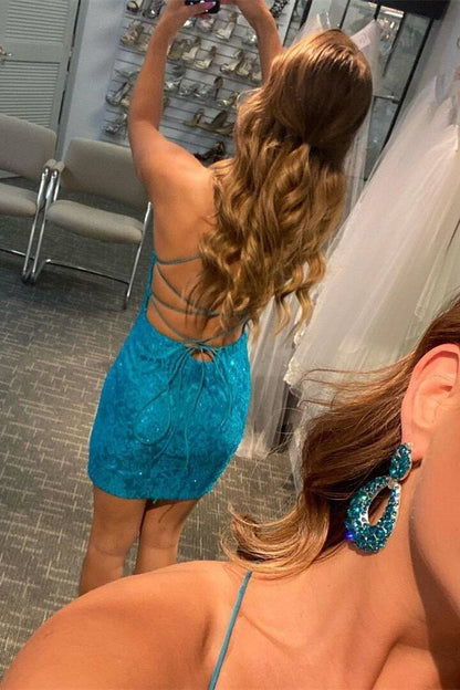 Blue Lace Tight Homecoming Dress with Lace-Up Back DP7264