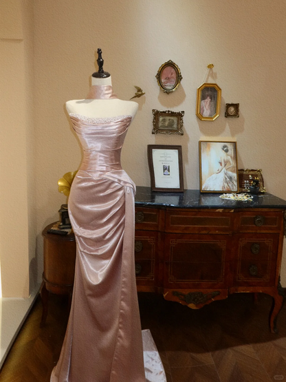 Pink Mermaid Strapless Beaded Pleated Satin Long Prom Dress Evening Dress DP7050