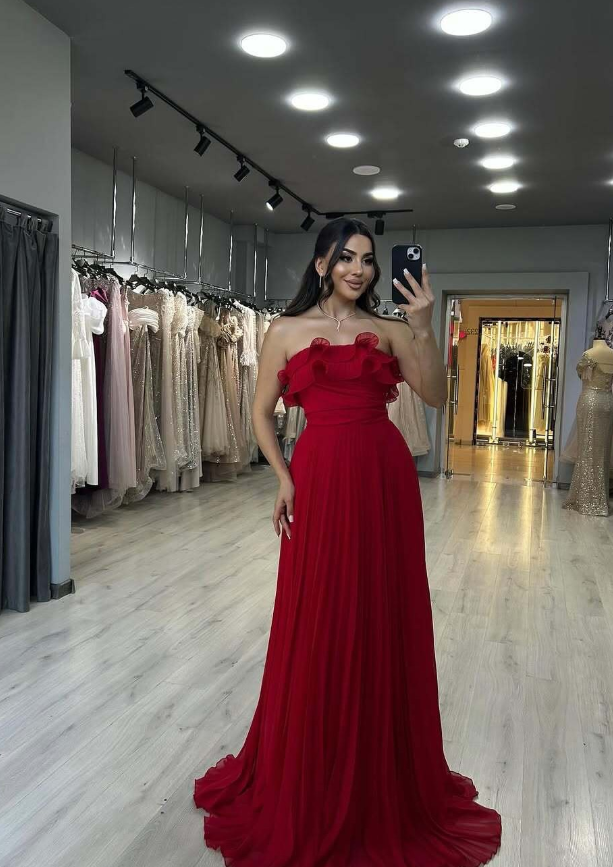 Charming Red A Line Strapless Chiffon Long Prom Dress Wedding Guest Dress DP4322