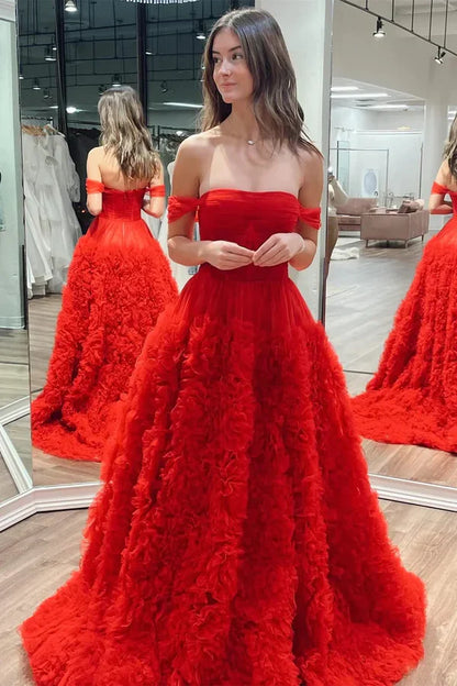 Off-the-Shoulder Red Ruffle Long Floor Length Prom Dress with Slit DP1139