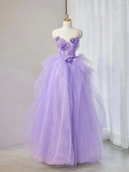 A Line Sweetheart Neck Tulle Lace Applique Purple Long Prom Dress With Flowers DP1112