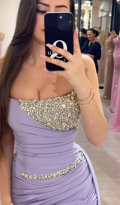 Gentle Purple Mermaid Strapless Rhinestone Satin Long Prom Dress Evening Dress DP4392