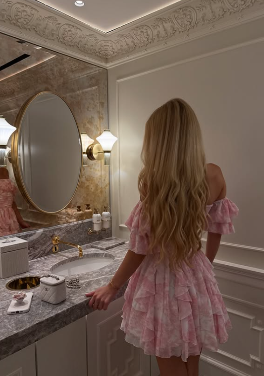Sweety Pink A Line Off the Shoulder Print Chiffon Short Homecoming Dress Outfits DP5998
