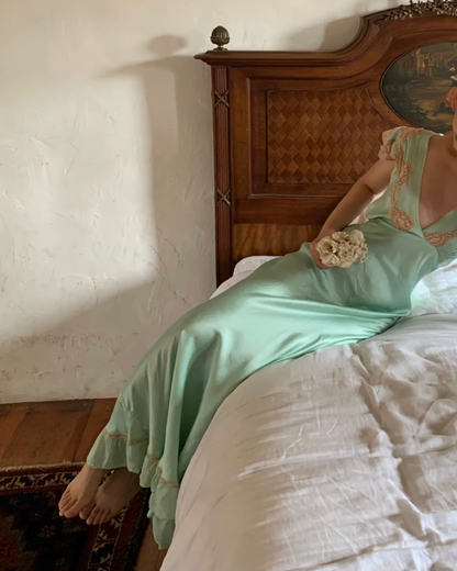 Vintage Simple A Line V Neck Green Satin Long Prom Dress Evening Dress DP6459