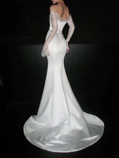Graceful Mermaid Long Sleeve White Lace Satin Long Wedding Dress DP5208