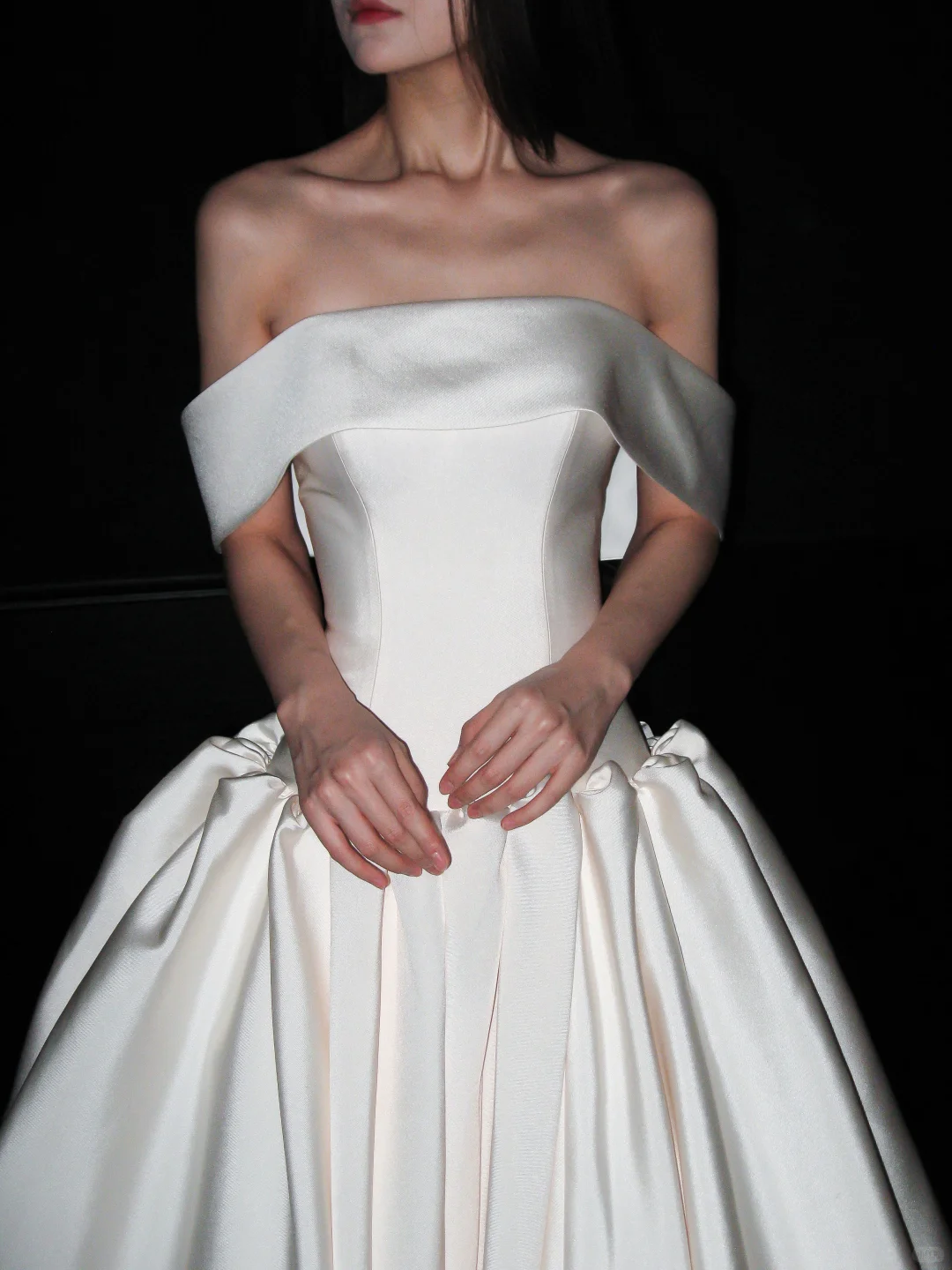 Elegant White Ball Gown Off the Shoulder Satin Long Train Wedding Dress DP8095