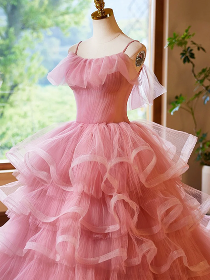 Pink Tulle Layers Long A-Line Prom Dress Sweet 16 Quinceanera Dress Evening Dress DP252