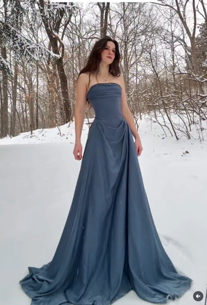 Simple A Line Strapless Grey Satin Long Prom Dress Graduation Prom Dress DP4872