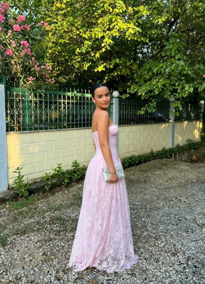 Gentle A Line Sweetheart Neck Pink Lace Long Prom Dress Party Dress DP4130