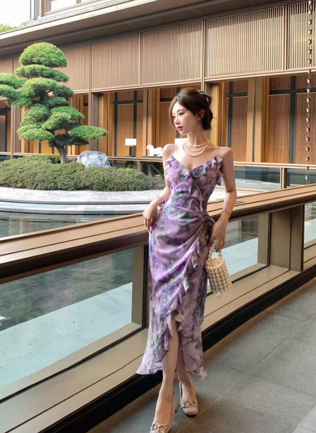 Mermaid Strap Print Floral Purple Chiffon Party Dress Evening Dress Outfits DP3406