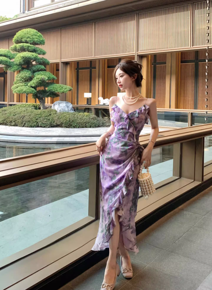 Mermaid Strap Print Floral Purple Chiffon Party Dress Evening Dress Outfits DP3406