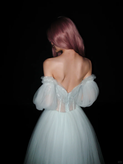 Pretty A Line Puff Sleeve Foggy Blue Tulle Long Prom Dress DP5198