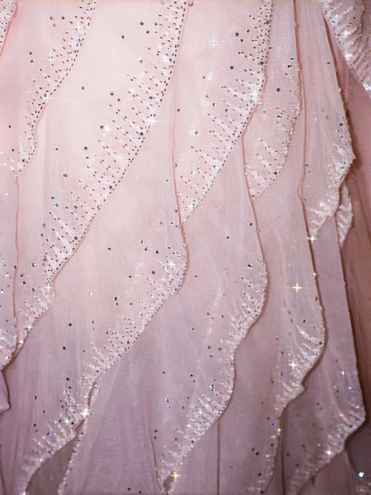 Gentle A Line Off the Shoulder Layered Beaded Pink Organza Long Prom Dress Evening Dress DP2655