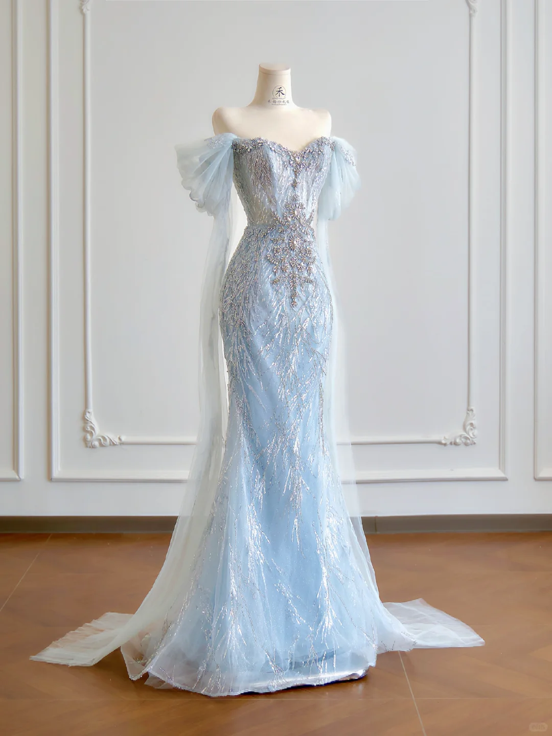 Baby Blue Mermaid Off the Shoulder Rhinestone Sequin Tulle Prom Dress 16th Birthday Dress DP3875