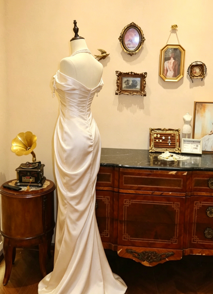 Elegant Mermaid Off the Shoulder Pearl Pleated Satin Prom Dress 21th Birthday Dress DP3917