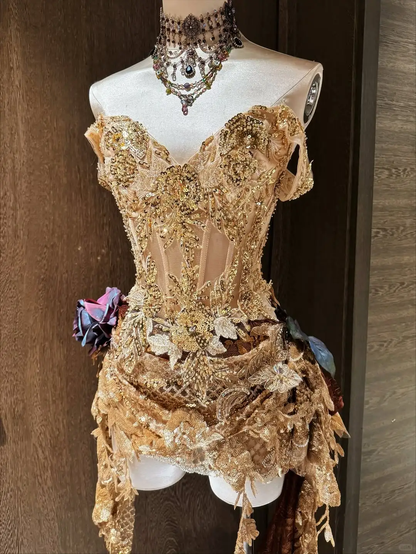 Golden A Line Straps Exquisite Sequin Short Homecoming Dress DP4582