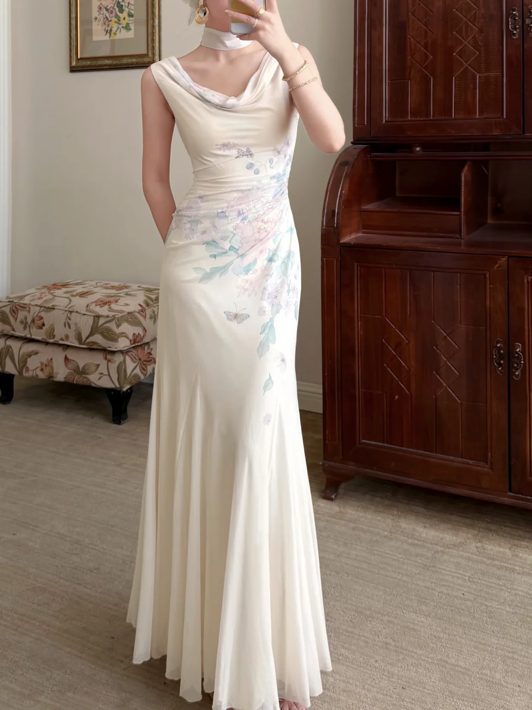 Gentle Mermaid Print Flower Ivory Chiffon Long Prom Dress Evening Dress DP6789