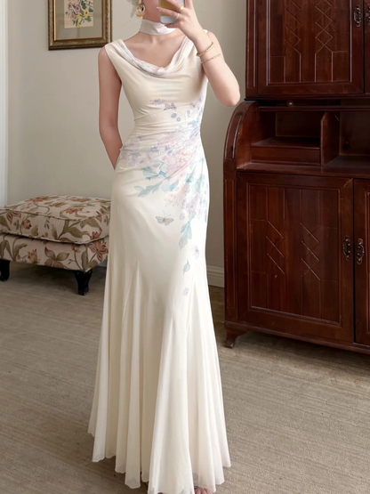 Gentle Mermaid Print Flower Ivory Chiffon Long Prom Dress Evening Dress DP6789