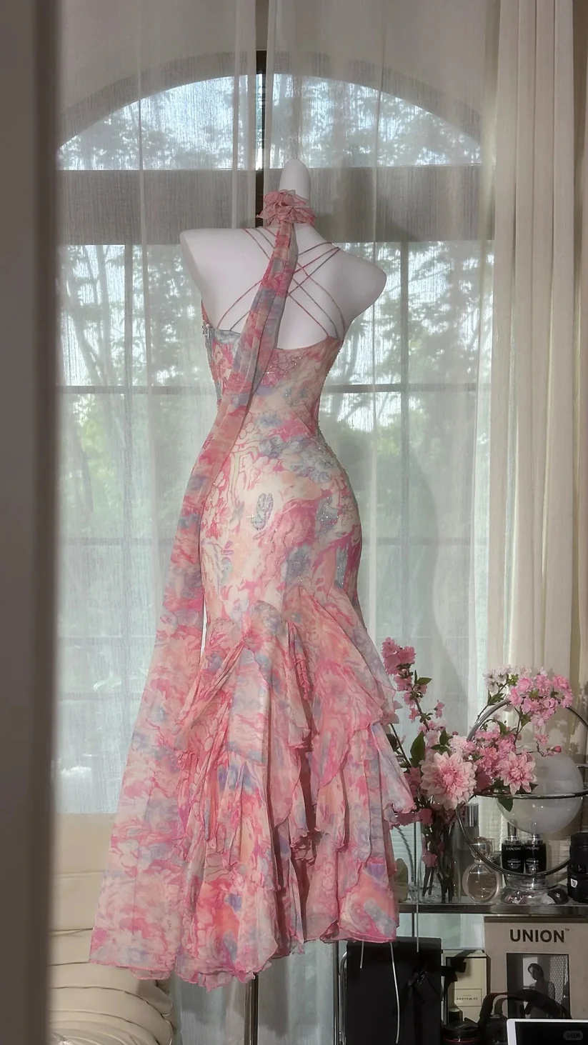 Pink Print Floral Beaded Romantic Ruffle Chiffon Evening Gown Birthday Gown DP2914