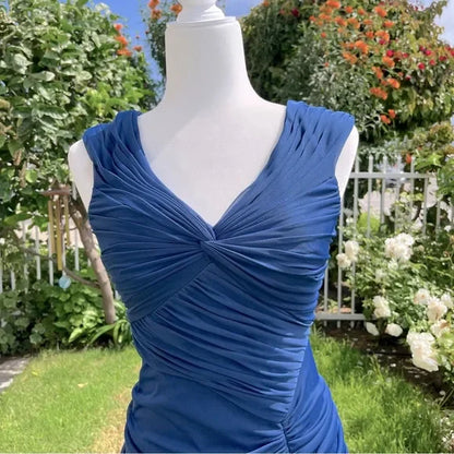 Vintage Fashion Mermaid V Neckline Navy Blue Floor Length Evening Dress Prom Dresses DP2374