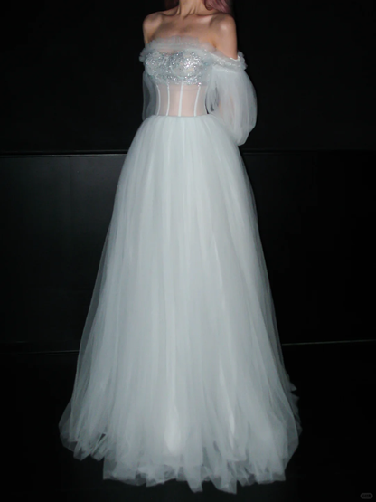 Pretty A Line Puff Sleeve Foggy Blue Tulle Long Prom Dress DP5198